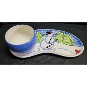 The Cellar LARGE Holiday Snowman Serving Platter With LARGE Matching Blue Bowl
